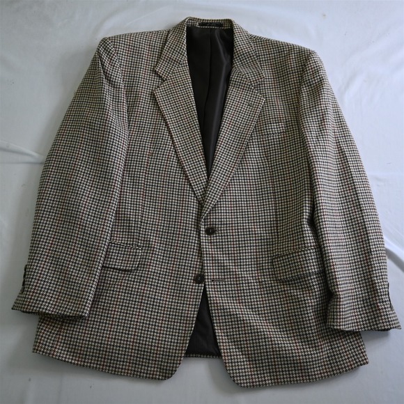 Vtg USA Made 46L Brown Big Houndstooth‎ 100% Wool Blazer Sport Coat Jacket